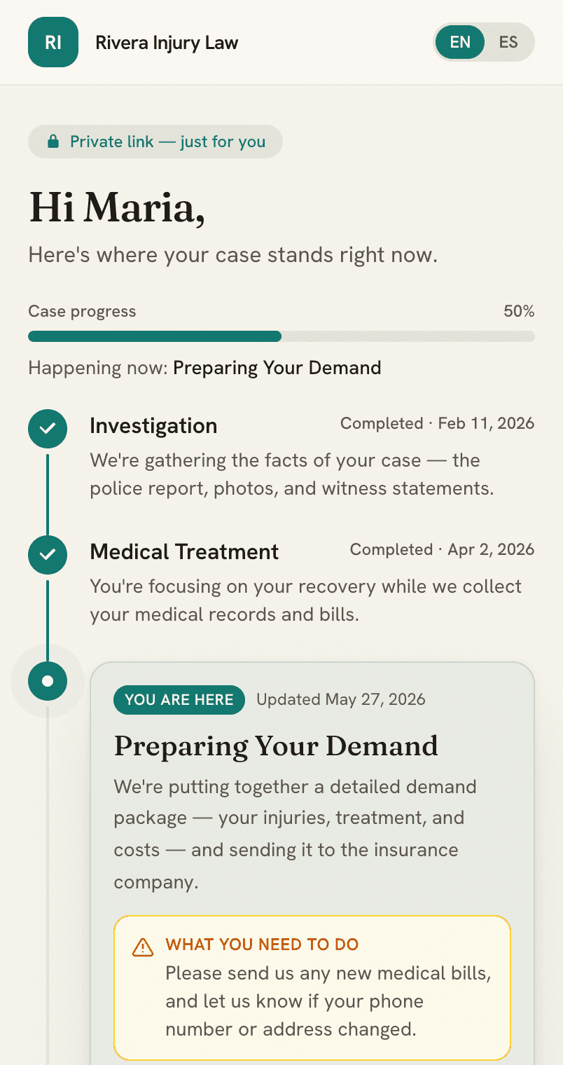 A client's live case timeline — investigation and treatment complete, demand in progress